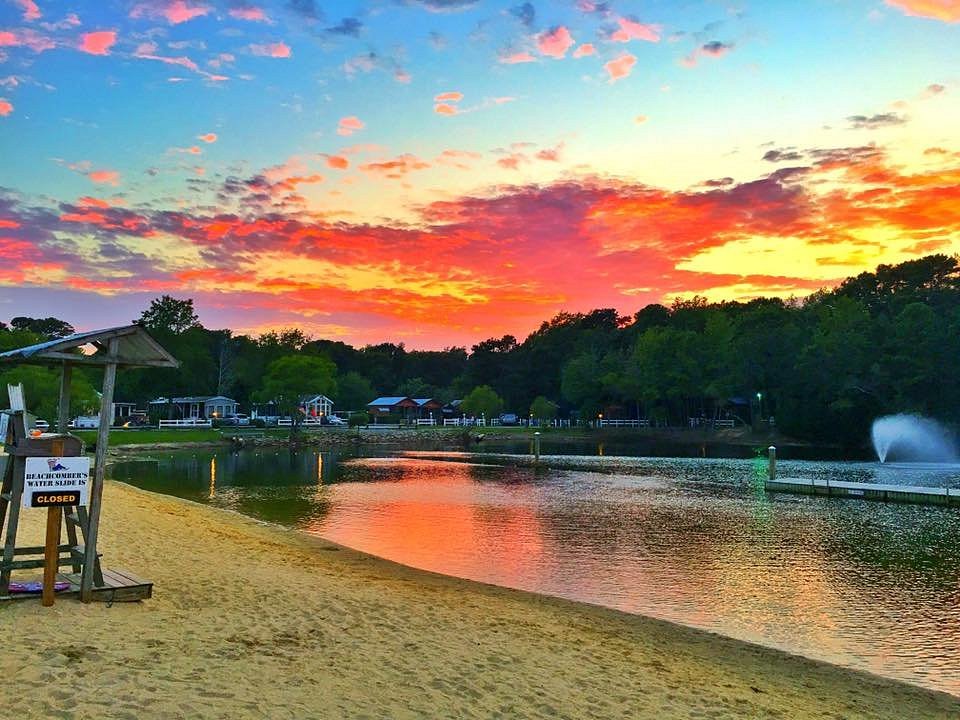 Waterfront campground area near Millsboro Delaware at sunset