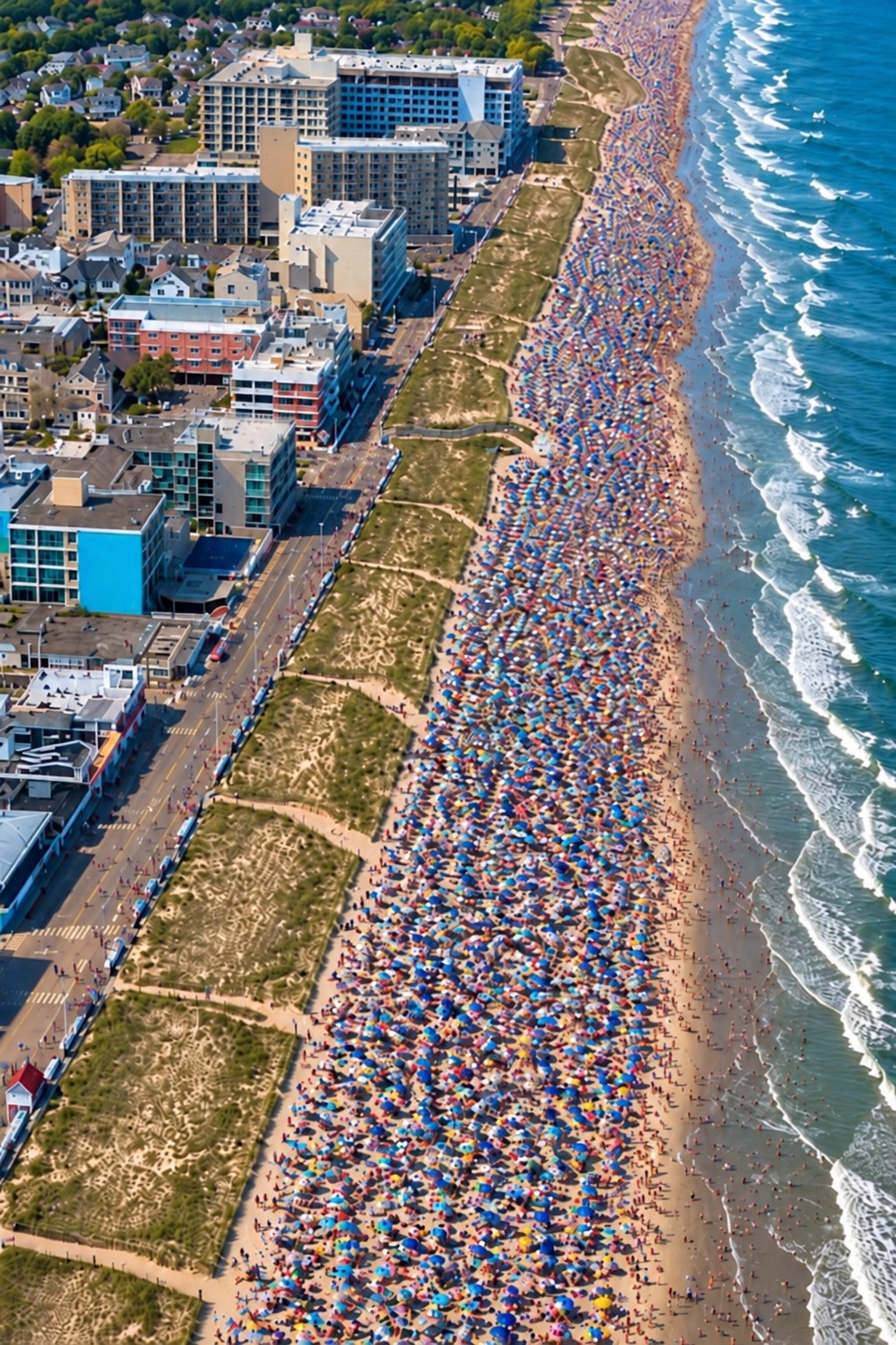 Aerial photograph of Rehoboth Beach shoreline, buildings, beachgoers and ocean